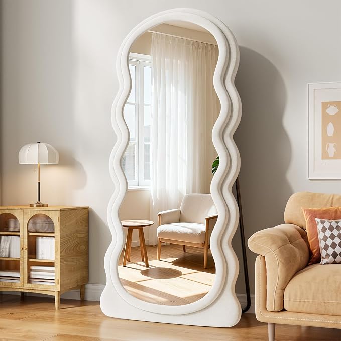Full Length Mirror, 71"x30" Full Body Mirror with Stand | Wavy Mirror Full Length, Flannel Floor Mirrror Bedroom and Living Room, Wall Mirror Hanging or Leaning, Beige