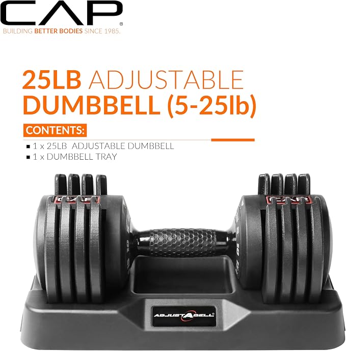 CAP ADJUSTABELL Adjustable Dumbbell Set, Premium Quick Select Adjustable Weights for Strength Training, Singles & Pairs, 12.5 LB, 25 LB & 55 LB, Round & Hex Dumbbells, Multiple Grip Handle Options