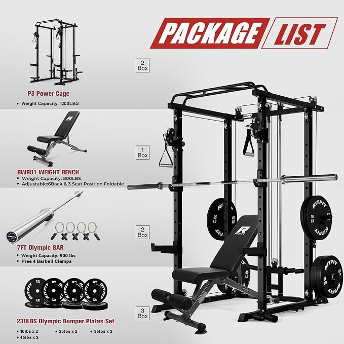 RitFit PPC-P3 Power Cage with Cable Crossover System, 1200LB Capacity | LAT Pulldown & Cable Crossover System with Bumper Plate Set, Olympic Barbell, Bench