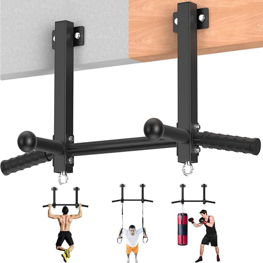 Joist Mounted Pull Up Bar, 650LB Load, Fit 16" Ceiling Beam Spacing | Multi-Grip with Finger Balls, 2 Suspension Rings, Fit Solid Concrete and Wood Mount, Home Gym, Garage & Basement