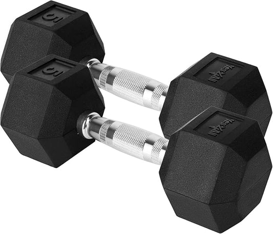 Yes4All Chrome/Rubber Grip Encased Hex Dumbbells – Hand Weights With Anti-Slip 10-30 LBS Pair