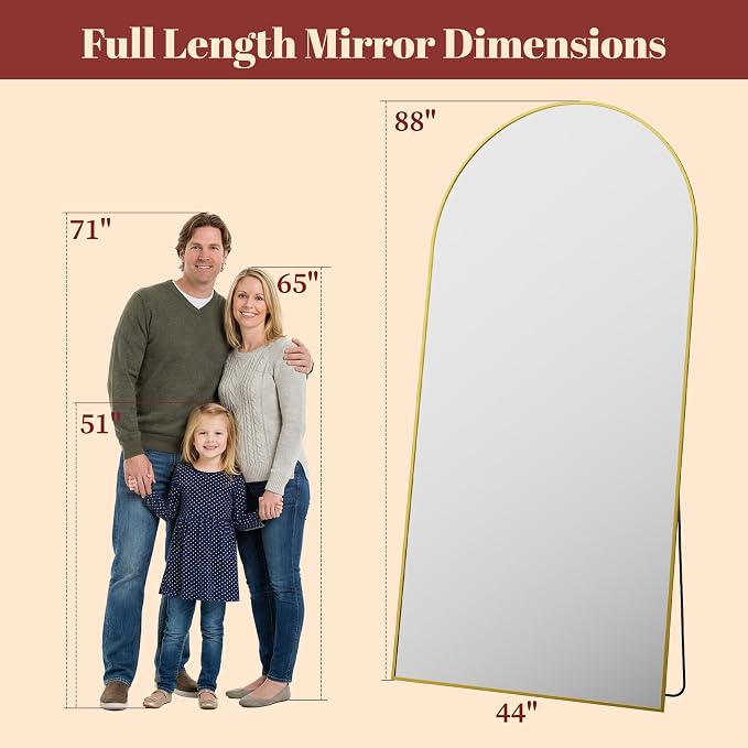 Suidia 88"x44" Arched Full Length Mirror with Stand, Full Body Mirror with Aluminum Frame, Freestanding/Leaning/Wall-Mounted, Floor Mirrors for Bedroom, Living Room, Entryway, Dressing Room, Gold