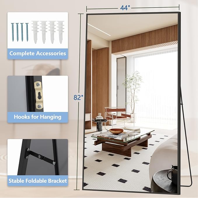 MirrMuse 82"X44" Oversized Floor Mirror Full Length, Extra Large Mirror | for Gym Bedroom Living Room Clothing Store, Tempered Glass, Black Aluminum Frame, Full Length Body, Hanging or Wall Mounted