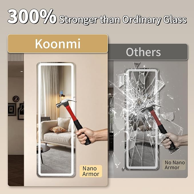 Koonmi LED Full Length Mirror, 63"x20" Full Length Mirror with Lights, Lighted Floor Mirrors with Stand, Full Body Mirrors with Dimming & 3 Color Lightingfor Living Room Cloakroom, White