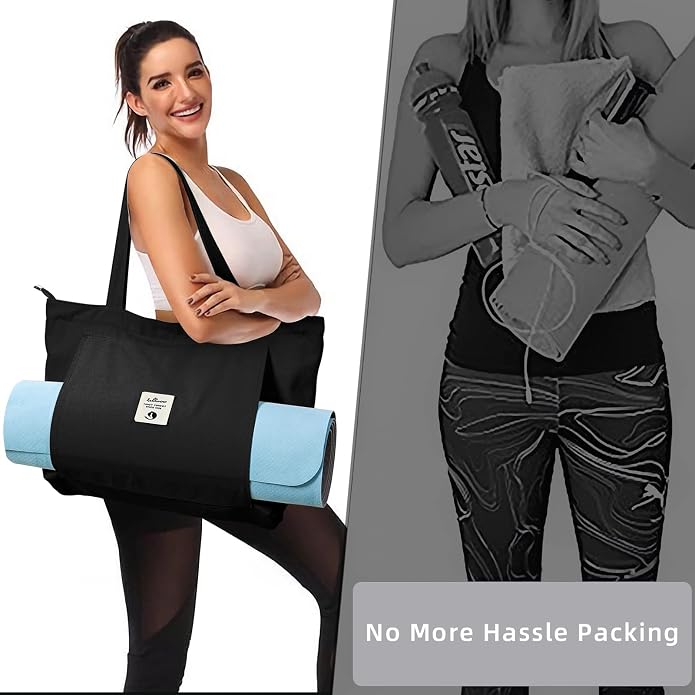 WLLWOO Yoga Mat Carrier Bag for Women Canvas Carryall Tote Gym Pilates | Large Holder Zipper Shoulder for Beach Travel Workout Fitness Office