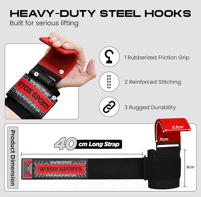 Weight Lifting Hooks for Men & Women – Heavy Duty Gym Hooks with 8mm Padded Wrist Support Grips to Lift Heavier, Reduce Grip Fatigue & Improve Performance for Deadlifts, Pull Ups & Rows, Pair of 2