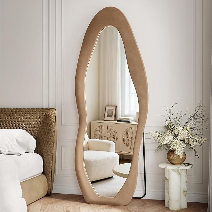 Full Length Mirror, 71"x30" Wavy Full Body Mirror Flannel | Flannel Floor Mirrors with Stand, Irregular Wavy Mirror Hanging or Leaning Against Wall for Bedroom Living Room, Brown