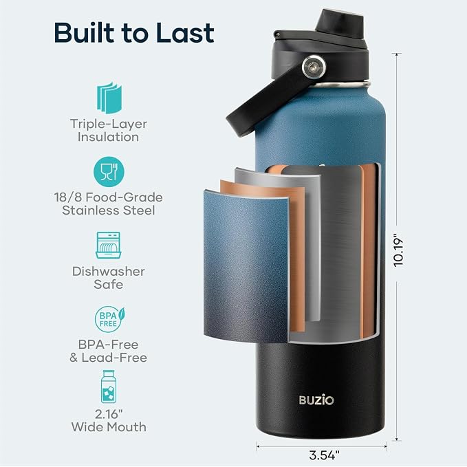 BUZIO Triple Wall Vacuum Water Bottle with Dust-proof Straw & Spout Lids | 40 oz Insulated Stainless Steel Water Flask (Cold for 48 Hrs/Hot for 24 Hrs), Leakproof, Non-BPA, for Hiking, Gym, Camping