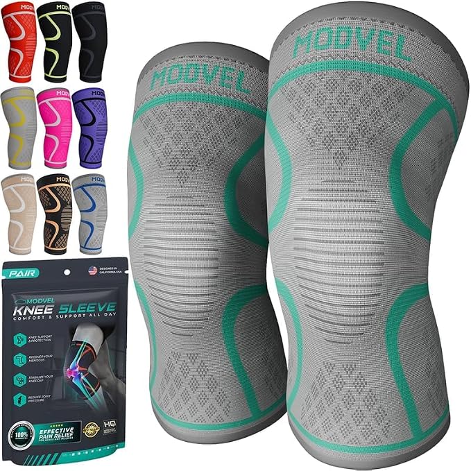 Modvel Compression Knee Brace for Women & Men - 2 Pack Knee Brace for Women Running Knee Pain, Knee Support Sleeve, Workout Sports Braces for Meniscus Tear ACL & Arthritis Pain Relief Grey/Turquoise X-Small