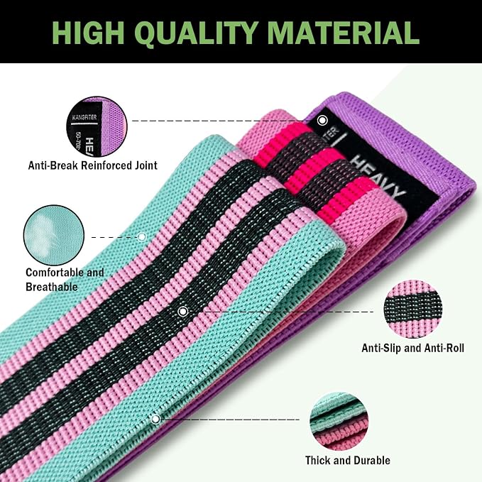 KANGFITER Non-Slip Fabric Resistance Bands for Working Out 3 Levels | Loop Exercise Bands for Booty Leg Butt Glute Hip, Elastic Stretch Workout Bands for Women Men Home Gym Fitness Yoga Pilates