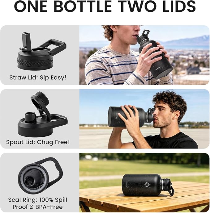 RAYMYLO Insulated Water Bottle 64 oz, Triple Wall Vacuum Stainless Steel | (Cold for 48 Hrs), Leak Proof & Non-BPA, Half Gallon Water Flask Jug with Paracord Handle & Straw Spout Lids