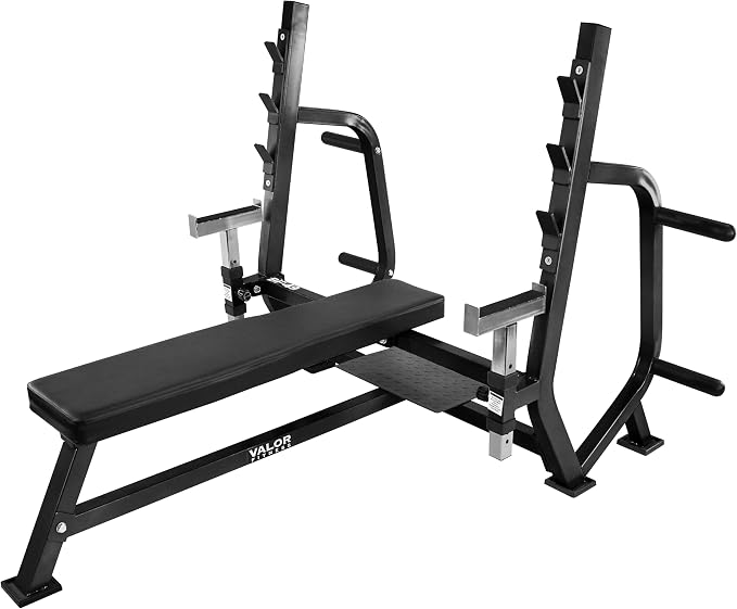 Valor Fitness Olympic Weight Bench Press Station | Spotter Arms, Adjustable Safety Catch, Max 500 lbs, Plate Storage Pegs, Home Gym Equipment