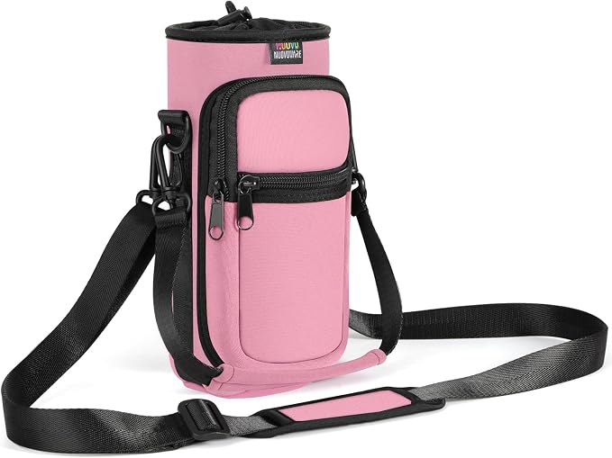 Nuovoware Water Bottle Carrier Bag, 25oz/32oz, Pink | Adjustable Shoulder Hand Strap, 2 Pocket, Neoprene Sleeve, For Hiking Travelling Camping