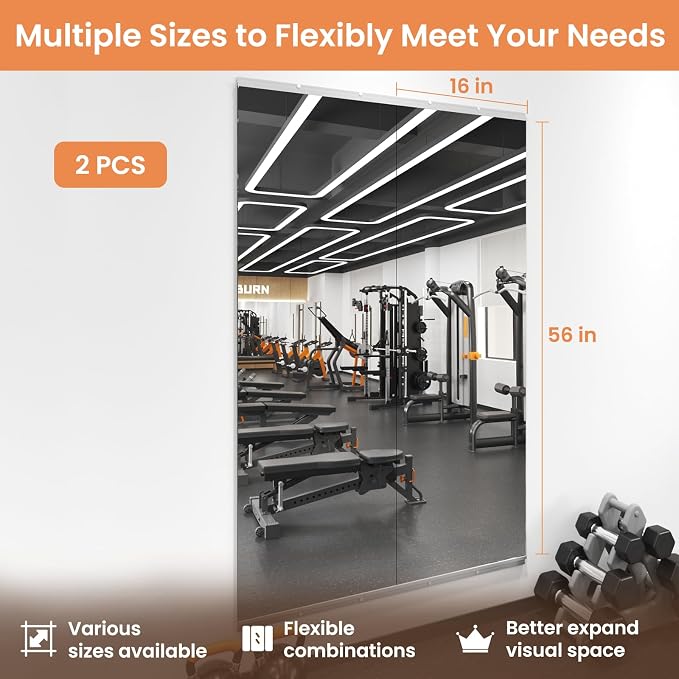 LOAAO Home Gym Mirror, 56"x16", 2 PCS | Frameless, Tempered Glass, Large Workout Mirrors, For Home Gym, Dance Studio, Yoga Room, Garage Gym