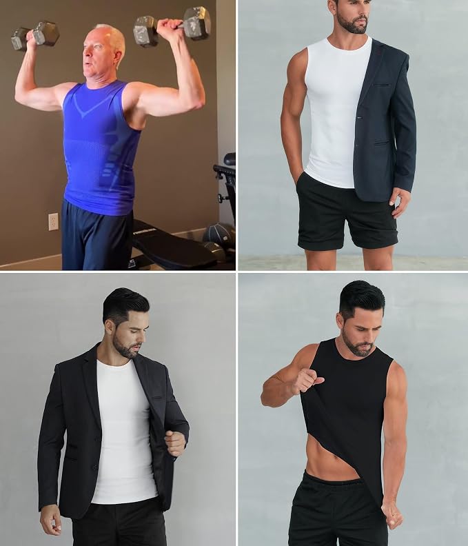 Compression Shirt Men Slimming Body Shaper Vest Crewneck Workout Tank Top | Tummy Control Undershirts, Gynecomastia Compression Shirts, Back Support, Sleeveless Muscle Shirts, Shaping Tank Top