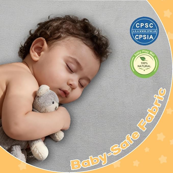 Baby Play Mat for Floor, 79'' x 71'' Thicken Foam Soft Padded Playmat for Tummy Time, Playpen Mat for Toddlers Infant Kids, Water-Repellent Coral Velvet, Non-Slip Bottom Safe for Crawling, Light Grey
