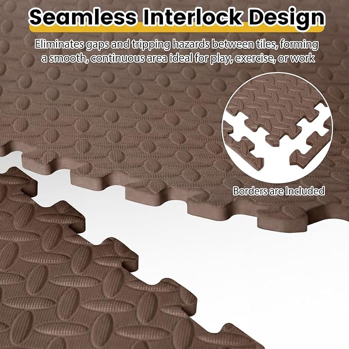 Tangkula 36 Tiles Exercise Flooring Mats with Border, Non-Slip EVA Foam Protective Mats, Elastic Puzzle Play Mats, 1/2" Interlocking Floor Mats for Home Gym, Fitness Room (Brown)