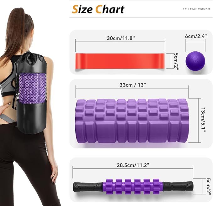 SUBCULTUREPICK 5 in 1 Foam Roller Set for Deep Tissue Muscle Massage | High Density Trigger Point Fitness Patented Exercise Roller, Muscle Stick, Massage Ball, Stretching Strap, for Whole Body