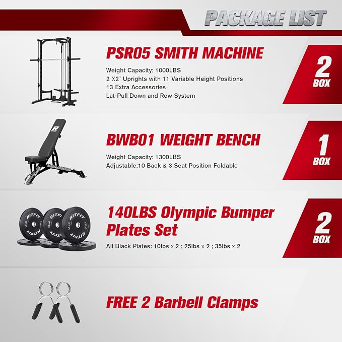 RitFit Smith Machine Power Rack with LAT-Pull Down System | Half Smith Machine with Landmine, Barbell Bar, Plate Storage Pegs and More Training Attachment