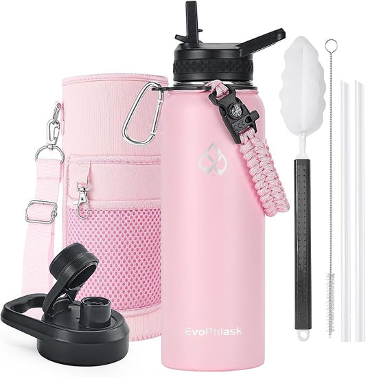 Insulated Water Bottle 40 oz with Carrier Bag, Pink | Stainless Steel, Vacuum Insulated Keep Cold 48 Hrs, Large Metal Water Jug, For Travel, Sport, Gym, Hiking