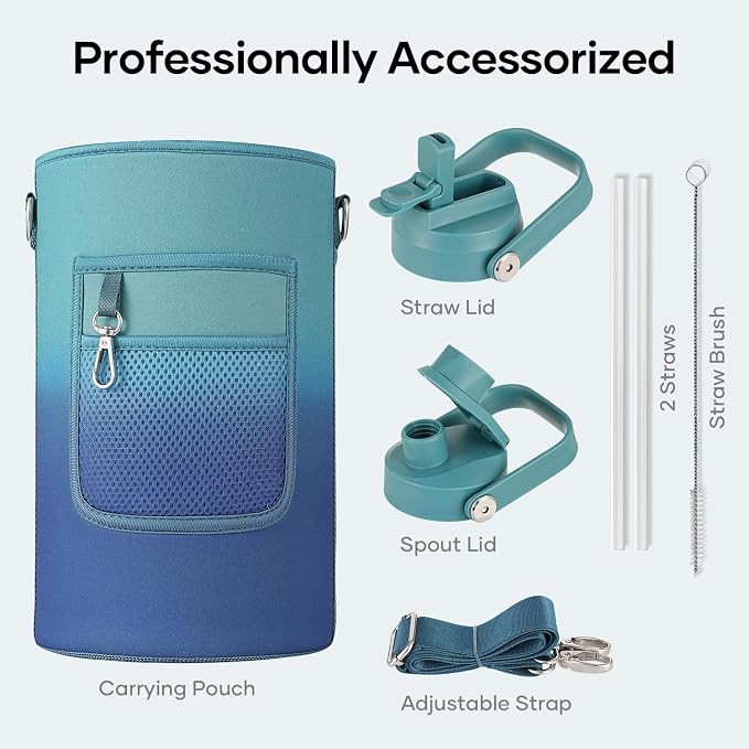 BUZIO 1 Gallon Water Jug with Straw Lid, 128oz Water Bottle Stainless Steel Triple Wall Hydro Jug 18/8 Food Grade Thermo Mug Keep Cold 48H & Hot 24H, Gradient Cyan