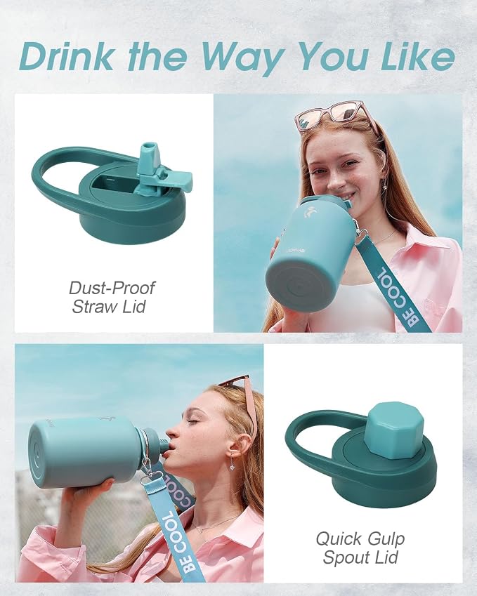 Coolflask Insulated Water Bottle 64 oz with Straw, Half Gallon Large Water Jug with Straw & Spout Lids, Vacuum Stainless Steel Metal Flask, Keep Cold 48h Hot 24h, Leak Proof & Non-BPA, Agate Green | 64 oz Large Water Jug with Straw & Spout Lids,Triple-...