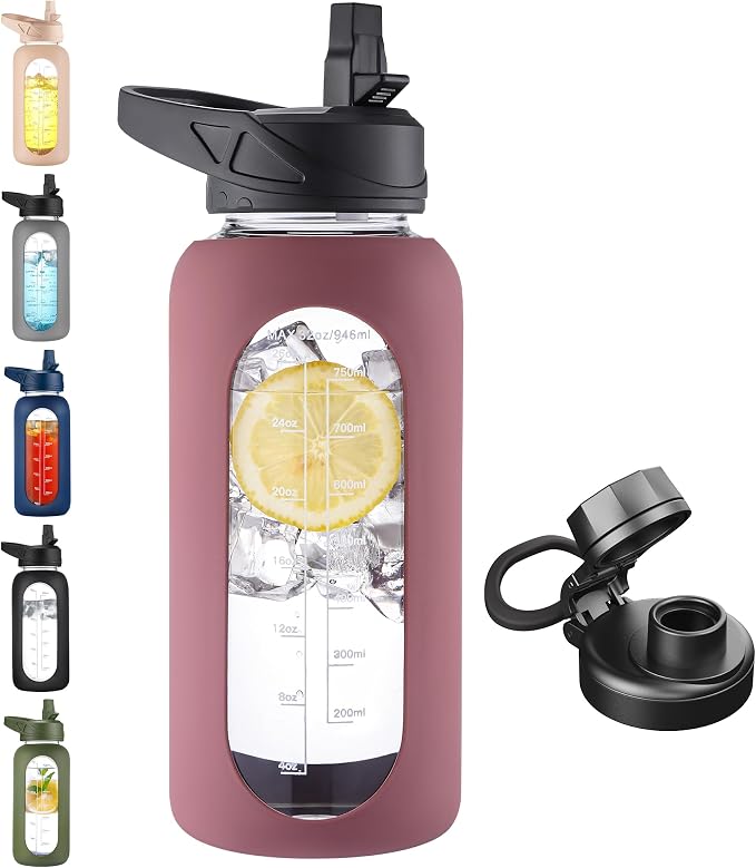 CIVAGO 32 oz Glass Water Bottle with Straw, Large Motivational Water Jug | Time Marker, 2 Leakproof Lids, Wide Mouth, Water Flask Cup with Handle and Silicone Sleeve, for Gym, Sports, Rose Taupe