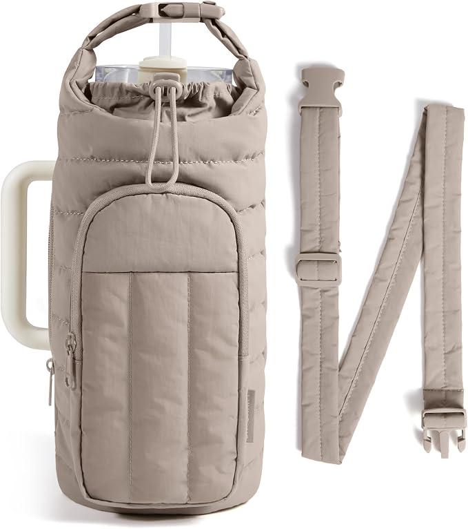 BAGSMART 40oz Water Bottle Holder with Strap, Quilted Gym Accessories | Magnetic or Classic Design, Lightweiht Tumbler Drink Carrier, Quilted Crossbody Purse
