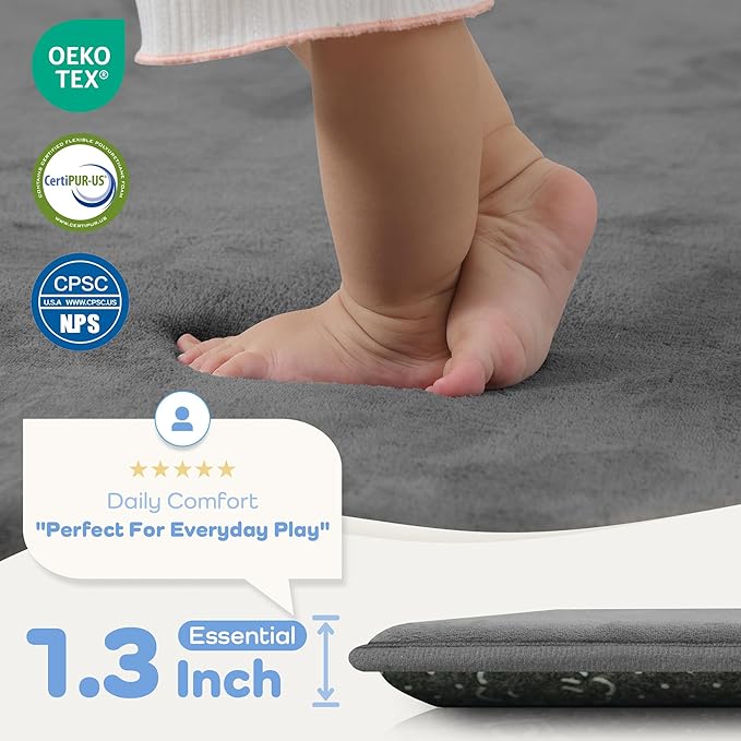 1.3" Thick Baby Floor Play Mat 59x79 Padded Foam Playmat, Dark Grey | Memory Mat for Baby to Play, Waterproof Easy Care with Non-Slip Plush Rugs Tummy Time Play Mat for Nursery Playroom