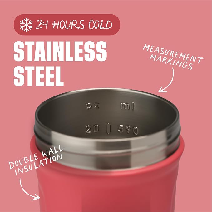 BlenderBottle Strada Shaker Cup Insulated Stainless Steel Water Bottle with Wire Whisk, 24-Ounce, Pink