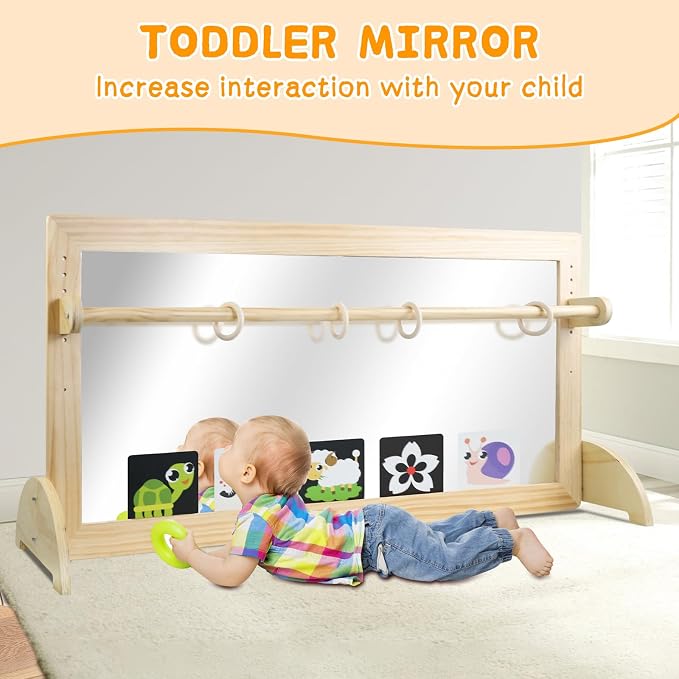 Montessori Mirror with Bar, Adjustable Wood Baby Pull Up Bar, Floor & Wall Shatterproof Safety Infant Coordination Montessori Furniture, for Home, Daycare, or Preschool