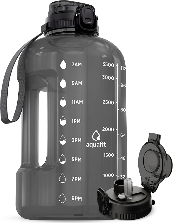 AQUAFIT Gallon Water Bottle with Time Marker, 2in1 Lid | BPA Free 128 oz Water Bottle with 2in1 Straw and Chug Lid - Leakproof Gym Water Bottle with Carry Handle (Gray)