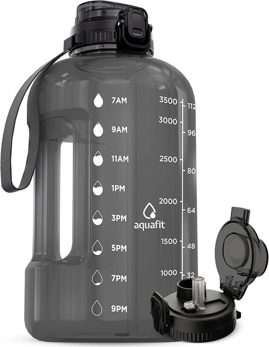 AQUAFIT Gallon Water Bottle with Time Marker, 2in1 Lid | BPA Free 128 oz Water Bottle with 2in1 Straw and Chug Lid - Leakproof Gym Water Bottle with Carry Handle (Gray)