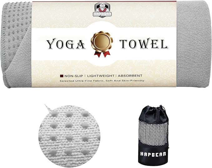 HAPBEAR Non Slip Yoga Mat Towel with Grip Dots, 72" x 24" Hot Yoga Towel - Super Absorbent Microfiber Yoga Towel for Hot Yoga, Bikram, Pilates and Gym Workout - Grey
