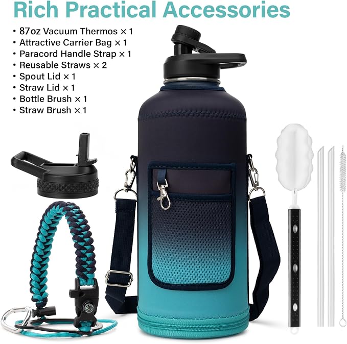 DYSANKY Insulated Water Bottle | Thickened Stainless Steel for Gym and Hiking with Straw, Carrier Bag, Handle Strap | BPA-Free 87 oz