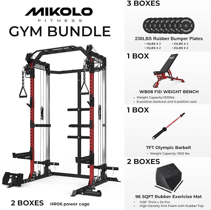 Mikolo HR06 Power Cage with Aluminum Pulleys, 2000LB Power Rack with Independent Dual Pulley System, Multi-Function Home Gym Workout Machine for Cable Crossover
