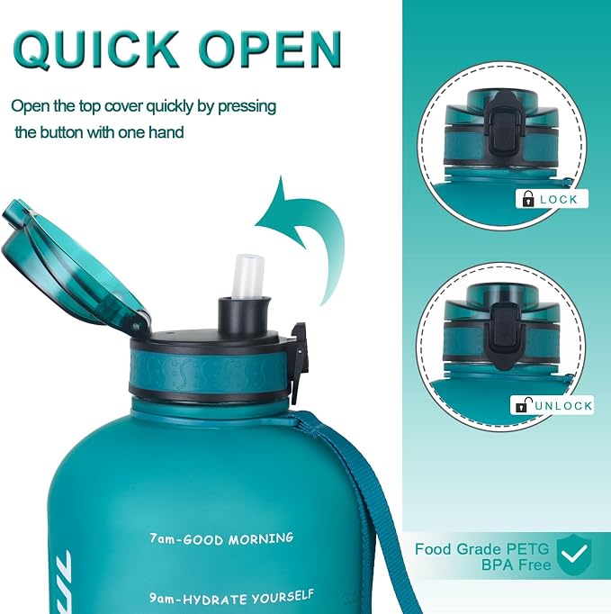GEMFUL 3 Liter Water Bottle with Straw BPA-Free Sports Jug (Green/Black) | Leak-proof, Tracks Daily Intake, Great for Gym, Hiking, Camping, Home,Office, Travel, Women,Men