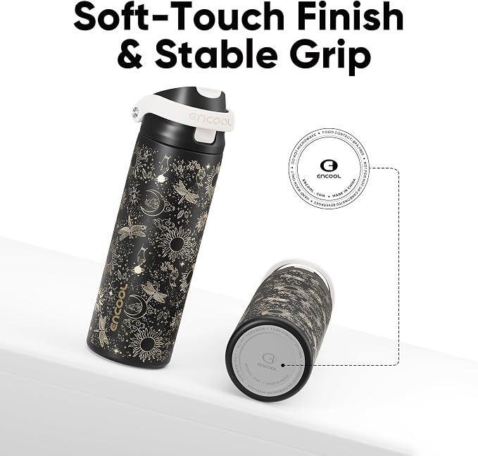 ENCOOL Leakproof Insulated Water Bottle with Straw Dual-Sip Water Bottle Bag-Safe Design for Work, Commute & Gym – Keeps Drinks Cold All Day, 24 oz, Oracle Moth