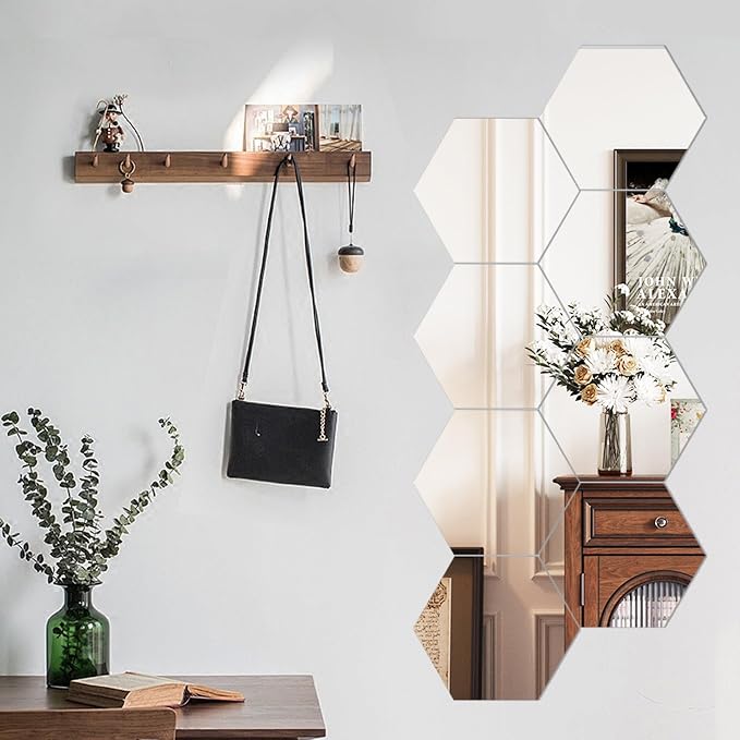 Hexagon Self Adhesive Peel and Stick Stick on Acrylic Mirror for Wall | Small Mirrors Tiles 11.8x11.8 Inch 10PCS, Flexible Unbreakable Full Length Mirror for Bathroom Gym Home Door Decor