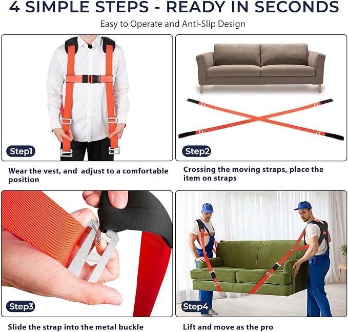 Ytonet Moving Straps, Lifting Straps for Move Furniture, 2-Person Shoulder Lifting and Moving System with Back Support for Appliances, Mattresses, Heavy Objects up to 800lbs, 120" Round Sling, Orange