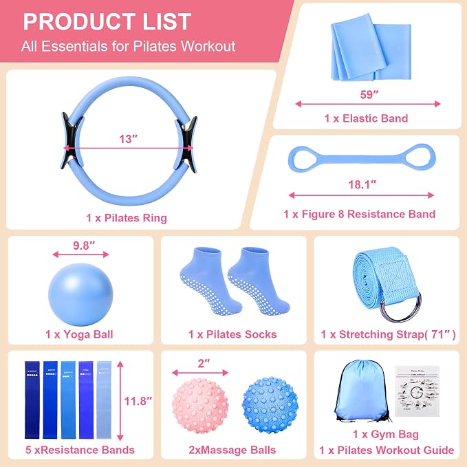 Home Pilates Kit for Women - 14 Pcs Pilates Equipment Set with Pilates Ring and Ball, 5 Resistance Bands Etc Accessories for Beginners Home Workouts - Includes Workout Guide