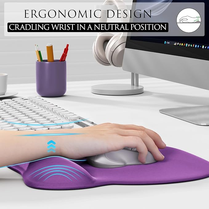 MROCO Ergonomic Mouse Pad with Gel Wrist Rest, 9.4 x 8.1 in, Violet Purple | Ergonomic Shape Design, Multiple Pattern Options, Gel Wrist Comfort, Smooth Lycra Surface, Non-Slip PU Base