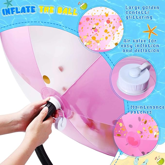 72 Inch Giant Pink Inflatable Beach Ball 6 ft Large Glitter Beach Ball UV Resistant Jumbo Swimming Pool Ball Clear Confetti Ball with a Repair Tape Floatable Ball for Swimming Beach Pool Party Decor