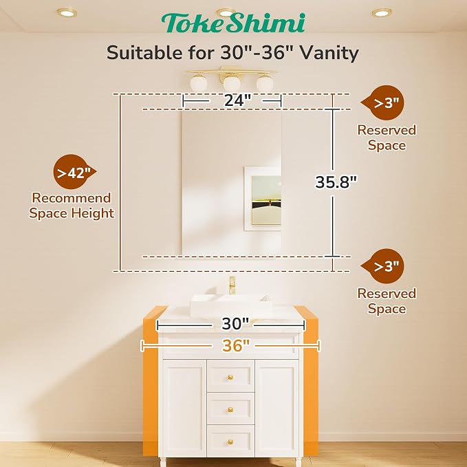 TokeShimi 24x36 Frameless Bathroom Mirror, Vanity Bathroom Mirror for Wall Shatterproof Modern Rectangle Mirrors for Bedroom, Living Room, Entryway, Home Gym, Entryway