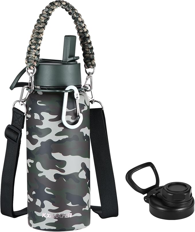 KXIAOCHEN Insulated Water Bottle with Strap, 48-Hour Cold, 2 Lids | Triple-wall insulation, lead-free 18/8 Stainless steel, paracord handle, carabiner clip, for gym, hiking, camping and travel