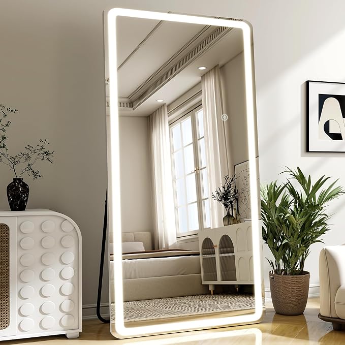 Large Led Mirror Full Length 34 x 76 Inch Tempered Glass | Full Body Mirrors with Dimming & 3 Color Lighting Standing Leaning or Hanging led Mirrors for Bedroom Dressing Room Rect