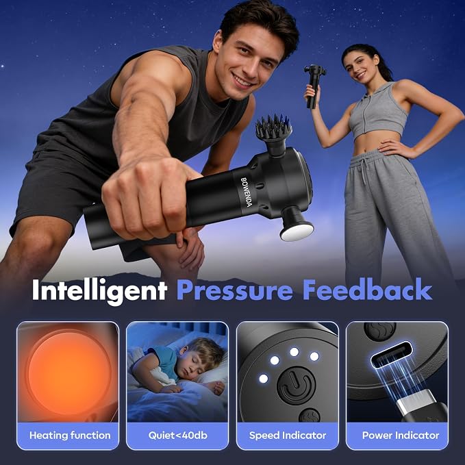 Heated Deep Tissue Massage Gun, Cordless Handheld Massager for Full Body Muscle Pain Relief, Fascia Release & Trigger Point with 3 Replaceable Heads for Back Neck Shoulders Legs