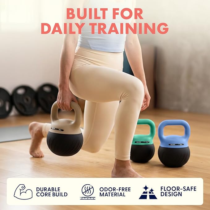 Squatz Soft Drop Kettlebell Set for Home Gym Strength Training - Cushioned Base Kettlebell Set with Wide Grip Handle, Floor-Safe Design, 15 lb, 20 lb, and 25 lb Weights for Full Body Workouts