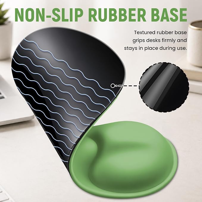 Ergonomic Mouse Pad with Wrist Rest, Gel Wrist Support, Green Cat | 10.2 x 7.6 in Mouse Pad with Smooth Fabric Surface and Non-Slip Rubber Base for Office, Home, Study, and Gaming