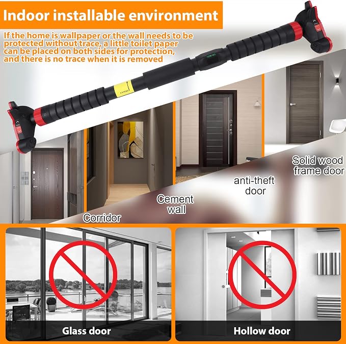Adjustable Pull Up Bar for Doorway - 440LBS Weight Capacity, No Screws Installation with Level Meter and Auto Lock, Chin Up Bar for Home Gym Strength Training,Red Triple